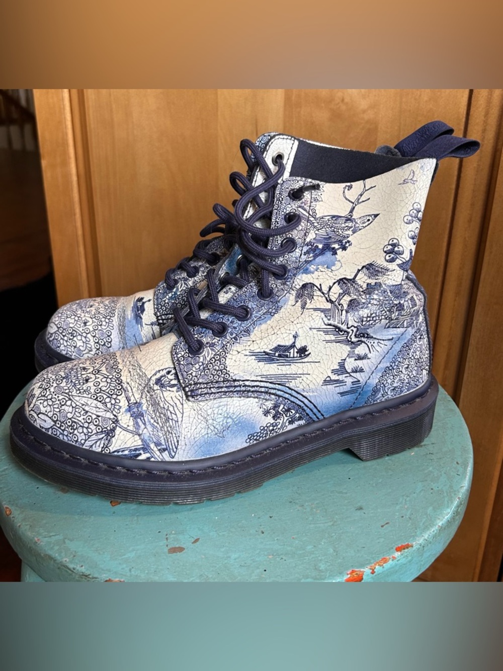 Dr. Martens Blue and White Printed Combat Boots